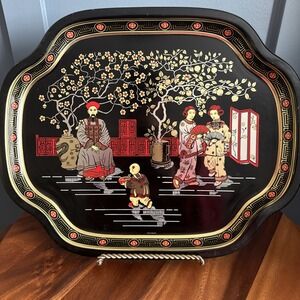 Vintage English Chinoiserie Metal Serving Tray MTM Elite 16x13 Black Gold